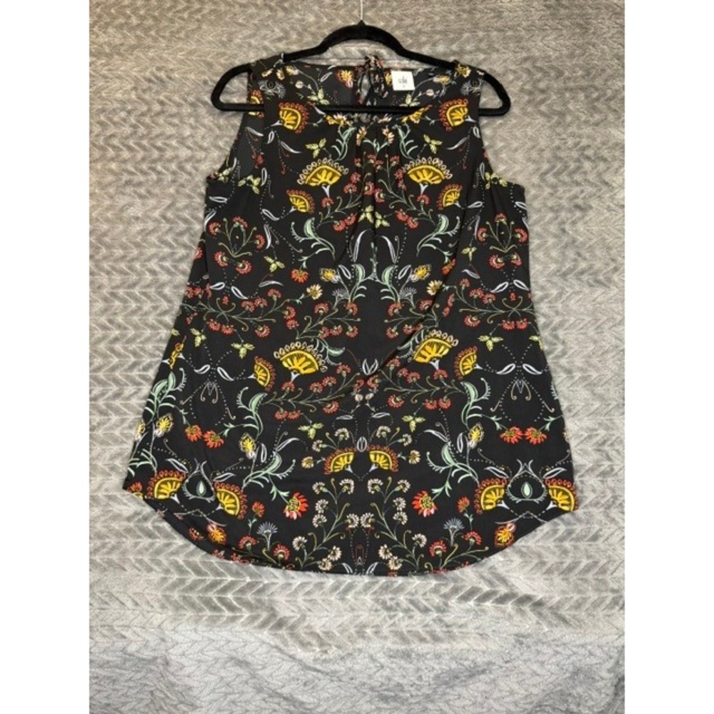Cabi Black Floral Sleeveless Blouse Yellow Red Botanical Print Tie Top M 0030